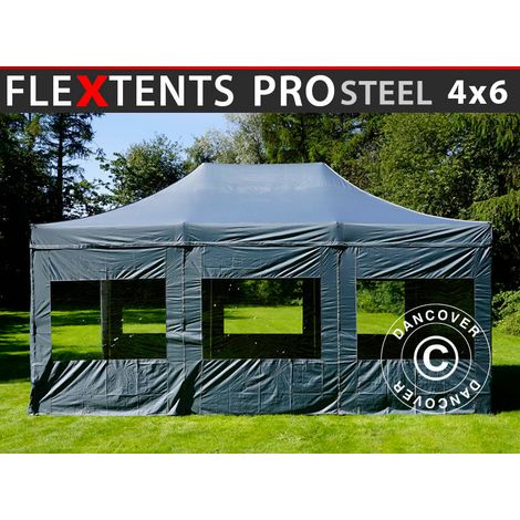 Pop up gazebo FleXtents PRO Steel 4x6 m Grey, incl. 8 sidewalls