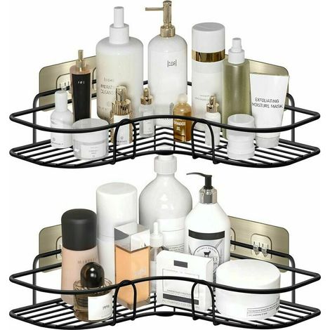 Estante de ducha esquinero sin perforaciones: paquete de 2 soportes para champú para estante de baño esquinero - Estante de baño negro con cesta de ducha