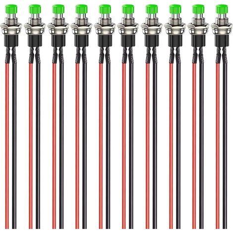 10 Stück 7 mm Mini-Momentan-Drucktaster, vorverdrahtet, 3 V–6 V–12 V–24 V–230 V / 1 A, SPST-Öffner, Ein/Aus, 2-polig, rund, für Modelleisenbahnen, grün (1/5)