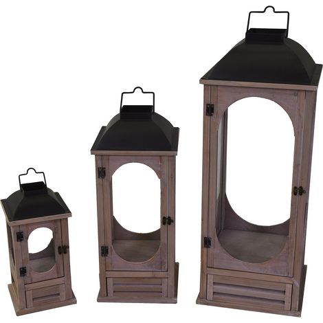 Set 3 Lanterne in Legno in Metallo naturale grigio c/cassetto quadro