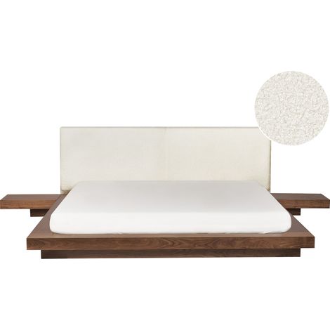 Cama moderna con plataforma mesitas de noche cabecero de bouclé madera de fresno marrón 180 x 200 cm Zen