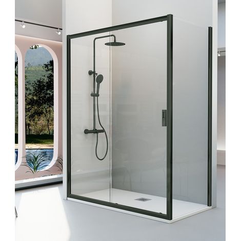 KASSANDRA SIENA Mampara Frente de Ducha Fijo + Puerta Corredera Negro Mate Transparente - Medida: 140 cm - ref: IE1020516S195140 (1/2)