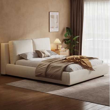 Lit coffre bouclé beige 180x200 cm avec sommier à lattes et tête de lit rembourrée (1/5)