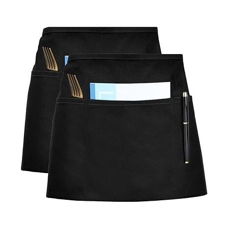 Kitchen Aprons, Waiter Apron Black Apron with Adjustable Strap and 3 Pockets Short Apron for Men Women Waiters 2 Pack