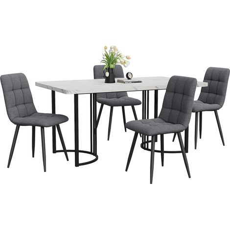Ensemble table et chaises 140x80cm (5 pièces) - Plateau MDF blanc - 4 chaises lin gris - Pieds métal noir (1/5)