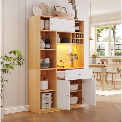 Meuble de cuisine haut avec LED, 1 tiroir, 3 portes et étagères, blanc et naturel HAVRYA (1/5)