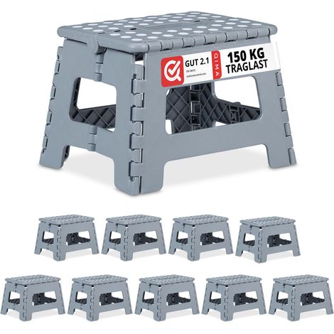 Relaxdays Klapphocker faltbar, 10er Set, Camping Hocker, Kinder Badhocker, bis 150 kg, Kunststoff, HBT 22x35x28 cm, grau