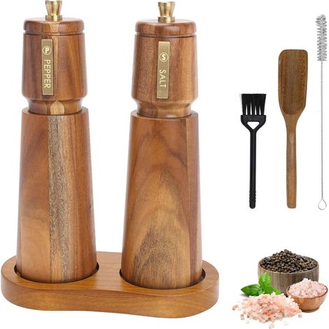 Moulin à Poivre Sel Bois Set De 2, 8 Pouces Brun Et Brun Avec Plateau, Utilisation Manuelle, Mouture Grossière et Fine Réglable et Rotor en Céramique pour Poivre, Sel et Piment (1/5)