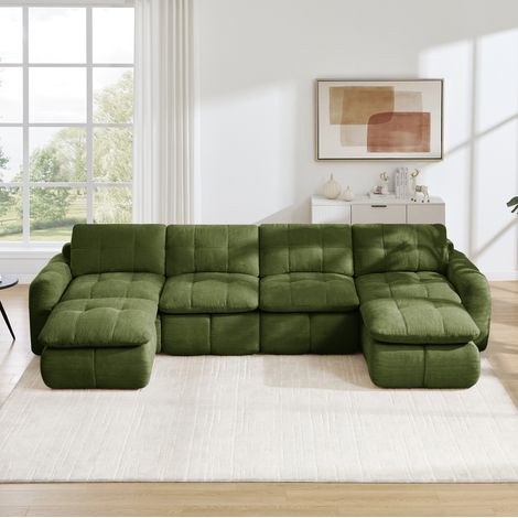 Divano modulare a U 334x160x68 cm, senza telaio, con 2 ottomane, senza montaggio, chenille verde (1/5)