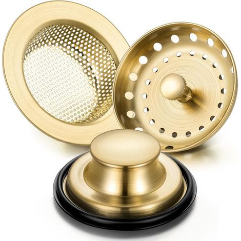 Juego de 3 tapones de acero inoxidable dorado cepillado para fregadero de cocina, tapones universales antiatascos para fregadero de cocina, borde ancho para desagüe de fregadero