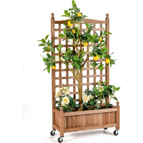 Fioriera in legno massiccio con alto traliccio per verdure, Portapiante per giardino con ruote bloccabili Naturale (1/3)