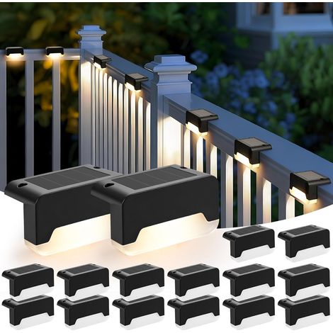 Lot de 16 lampes solaires d'extérieur IP65 étanches pour escaliers extérieurs, escaliers, clôture, cour, jardin, terrasse, chemin (noir, blanc chaud) (1/5)