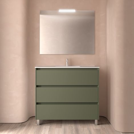 Badezimmermöbel NOJA 1000 3 Schubladen GREEN SATIN + Waschtisch + Spiegel