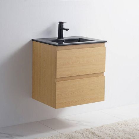 Rue Du Bain – Meuble salle de bain suspendu 60cm en MDF chêne clair – Vasque céramique noir mat – 2 tiroirs soft close – Installation facile (1/5)
