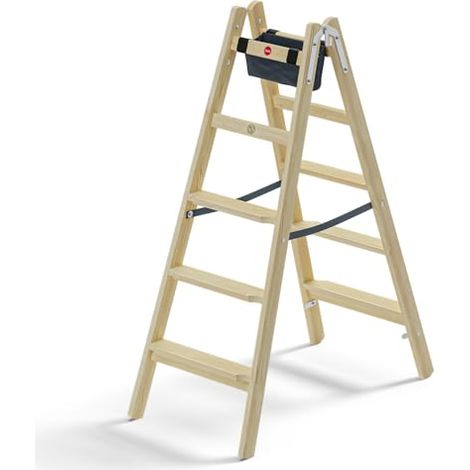 Hailo Master H80 - Échelle de bois de double marche (2 x 5 marches, praticable des deux côtés, marches ergonomiques de 80 mm, bois de pin imprégné, articulations stables, sac de outils.
