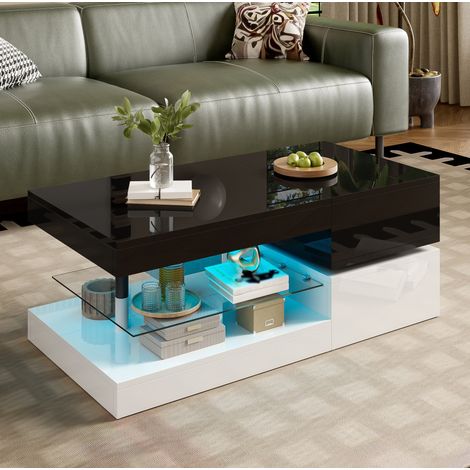 Mesa de centro LED (90x45x35,5 cm), con control APP y Bluetooth, 16 colores, aglomerado, negro y blanco (1/5)