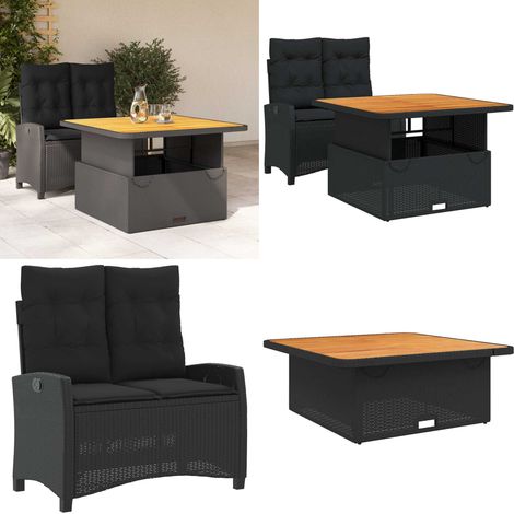 Ensemble à manger de jardin coussins 2pcs noir résine tressée - Banc de jardin - Table de jardin (1/5)
