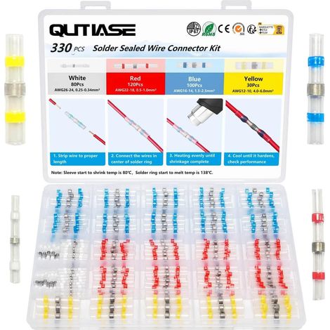330 Pièces Joint de Soudure Connecteur Electrique de Fil Isolés avec Gaine Thermorétractable Étanche, 4 Tailles 26-10 AWG, Cosse Thermoretractable Bout a Bout pour Automobiles et Motos (1/5)