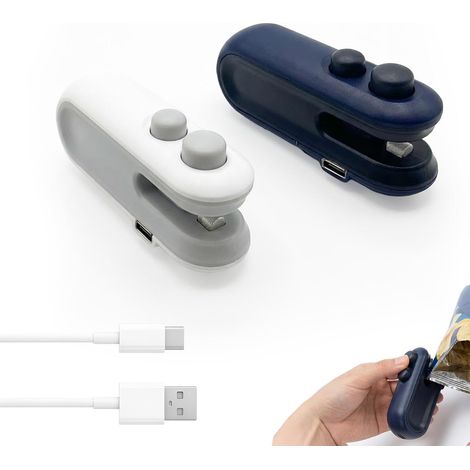 Sollbry 2 Pièces Mini Scelleur Sac Plastique, Scelleuse Thermique 2 en 1 avec Cutter, Scelleuse de Sacs Alimentaires Portable USB pour Chips, Café, Biscuits (1/5)