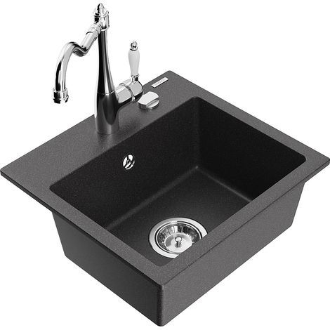 Mexen Milo 1-Becken-Granit-Spüle mit Mischbatterie Carla, Schwarz gesprenkelt - 6505-76-670700-00
