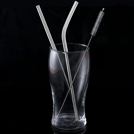 Pailles en acier inoxydable réutilisables,lot de 12 (6 pailles droites + 6 pailles courbées),21,5 cm,2 goupillons inclus,milkshakes et café glacé (1/4)