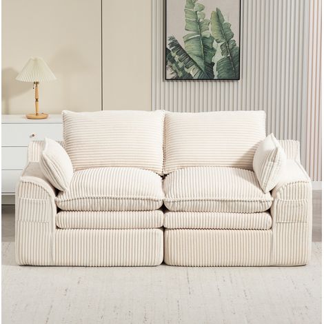 2-Sitzer Sofa 191x94x85 cm Beige Cord mit Seitentaschen und Kissen (1/5)