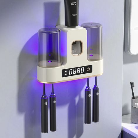 Soporte para cepillos de dientes, pantalla táctil LED de alta definición, esterilizador de cepillos de dientes UV, dispensador automático de pasta de dientes, carga USB, 4 ranuras. (1/5)