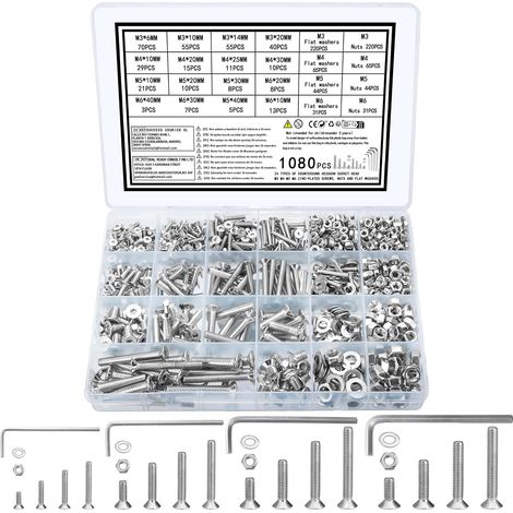 1080 Pcs M3 M4 M5 M6 Vis Boulons et Écrous, Boulons à Tête Fraisée Plate, Vis à Six Pans Creux Hexagonale avec Rondelles Assortiment Kit (1/5)