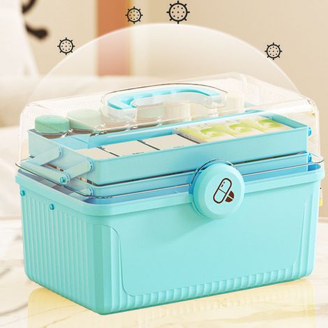 Trousse de premiers secours portable d'extérieur, grande capacité et multicouche, pour usage domestique, boîte de rangement médicale, boîte de rangement en plastique, bleu ciel. (1/5)