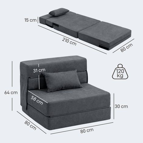 Canapé de sol, canapé rembourré, convertible en matelas, mousse, coussins, gris foncé (1/5)