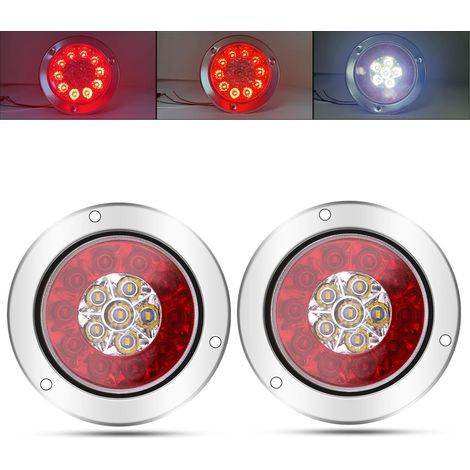 2PCS 4" LED Feu Arrière de Remorque,Rond Feux arrières à 24V Camion Remorque Bateau Arrière Feu Arrière Frein Feu de Brouillard Inversé avec Anneau Chromé (Argent-Rouge (1/5)
