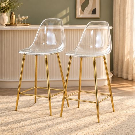 Tabouret de bar en plastique transparent, structure métallique dorée avec repose-pieds, design moderne pour cuisine, îlot ou salle à manger – de FLORAGRACE (1/5)