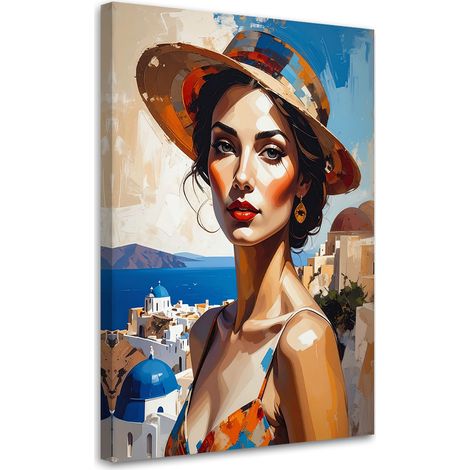 Tabelau sur Toile, Portrait féminin avec chapeau sur fond de ville côtière,60x90 (1/4)