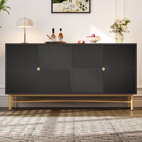 Buffet de salon 160x40x82 cm, meuble 4 portes avec texture relief, poignées dorées brossées, pieds brillants, MDF et aggloméré, Noir