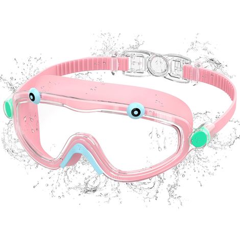 Masque de plongée pour enfants avec yeux de grenouille mignons rose avec embout nasal intégré - Lunettes de natation étanches à vue large, anti-brume et protégées contre les UV pour les cours de natat (1/4)