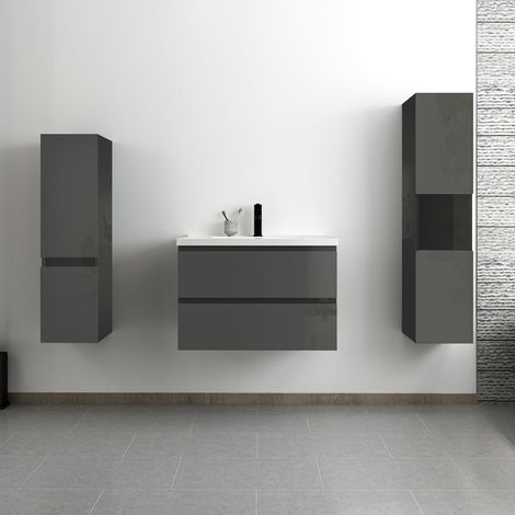 Ocean ensemble meuble salle de bain 80 cm anthracite brillant avec 2 tiroirs à fermeture automatique, lavabo céramique simple + deux colonnes, suspendu