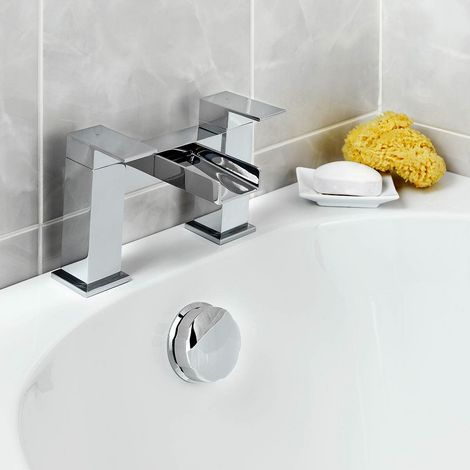 Modern Waterfall Two Hole Deck Mounted Bath Filler Tap Solid Brass Chrome (1/5)