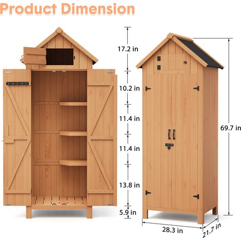 Abri de Jardin 70 inch en Bois Imperméable, Armoire de Rangement Extérieure Verticale, 3 Étagères et Porte Verrouillable (1/4)