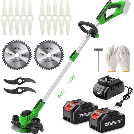 Coupe Bordure sans Fil avec Batterie, 21V Coupe Bordure Batterie avec 3 Types de Lames et 2 Batteries 3.0 Ah, Débroussailleuse à Batteries pour Tondre Les Pelouses du Jardin Pelouse Ferme (Vert) (1/5)