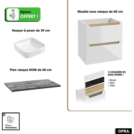Ensemble meuble sous vasque avec plan et vasque à poser - Siphon OFFERT OPRA Blanc-Noir 60 × 60 × 45 cm (1/5)