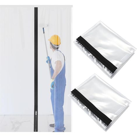 Lot de 2 housses de porte anti-poussière en plastique avec fermeture éclair pour protection de peinture, rénovation et construction - 1,2 mx 2,2 m (1/5)
