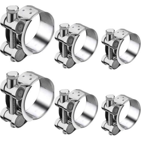 Set of 6 steel hose clamps in various sizes (20-22 mm, 23-25 mm, 36-39 mm) for securely fixing pipes, tubes and hoses in domestic plumbing applications. (1/5)