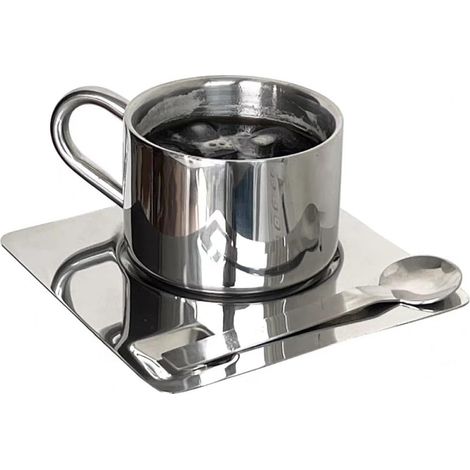 Ensemble De Tasses À Café En Acier Inoxydable Isolé Double Paroi De 175 Ml Avec Soucoupe Et Cuillère - Tasse À Café Européenne Réutilisable (1/5)