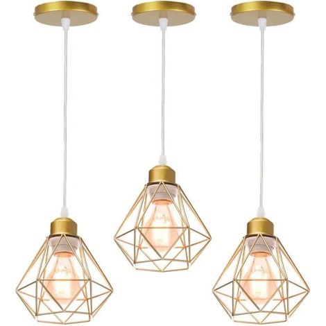 U-Do 3Pcs Lustre Suspension design Vintage Lampe Cage forme Diamant mini en Fer Doré E27 Plafonde Brillant pour Salon Cuisine (1/4)