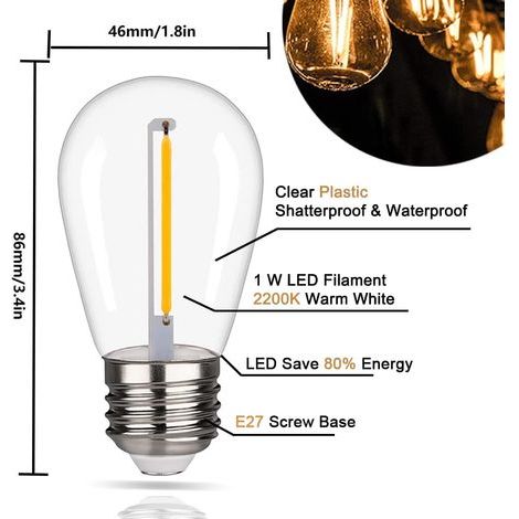 Lot de 6, S14 E27 Ampoules Filament LED, Ampoule Edison Plastique Blanc Chaud 2200 k 1 w, Équivalente 20 w, Faisceau orientable pour diriger la lumière exactement où elle est utile (1/5)