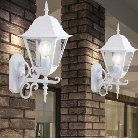 Set di 2 lanterne illuminazione a parete casa bianca giardino in stile antico Vetro riflettori in alluminio nero E27 (1/5)