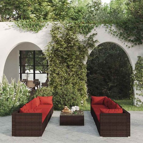 Salon de jardin 9 pcs Ensemble Table et Chaise de Jardin - avec coussins Résine tressée Marron BV963034 - BonneVie (1/5)