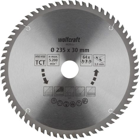Wolfcraft Kreissägeblatt 235 x 30 mm 64 Zähne Hartmetall Kreissägeblatt