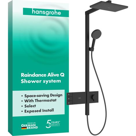 Colonne de douche avec mitigeur thermostatique, douche pluie (340 x 210 mm), douchette, support, tuyau de douche, barre et tête de douche 2 jets, Noir mat (1/5)