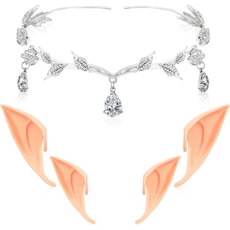 Elf Tiara And Ears Set Crystal Princess Crown Tiara For Women Wedding Party Fairy Elf Ears Cosplay Halloween (1/5)